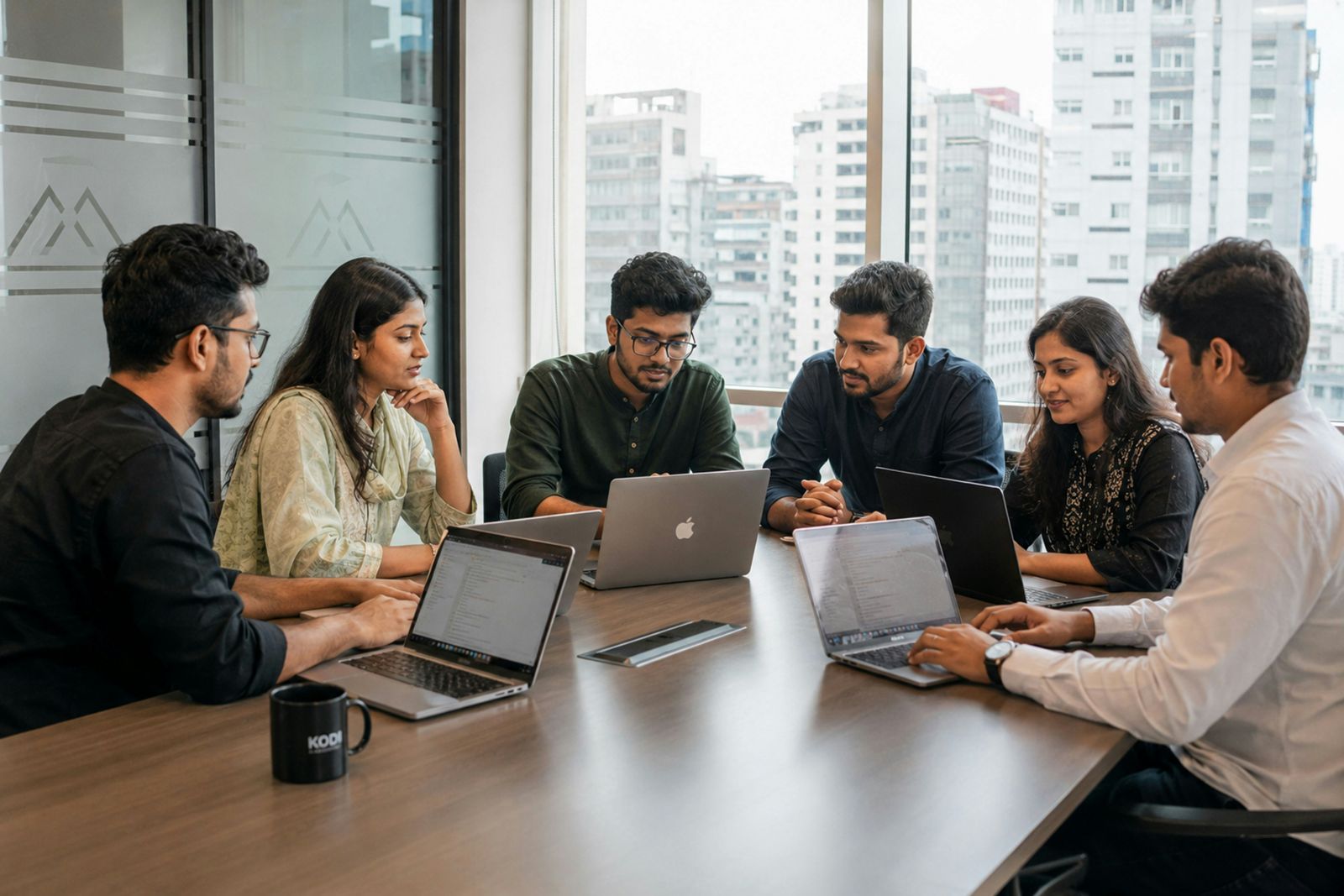 Six colleagues reviewing work on laptops around a conference table